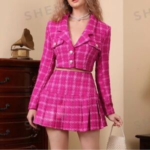 Pink and white plaid pleated skirt and blazer set